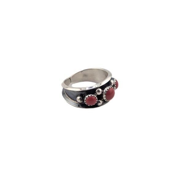 Navajo Sterling Silver Red Coral 3-Stone‎ Band Ring Handmade Southwest Sz 9 ** - Picture 10 of 10